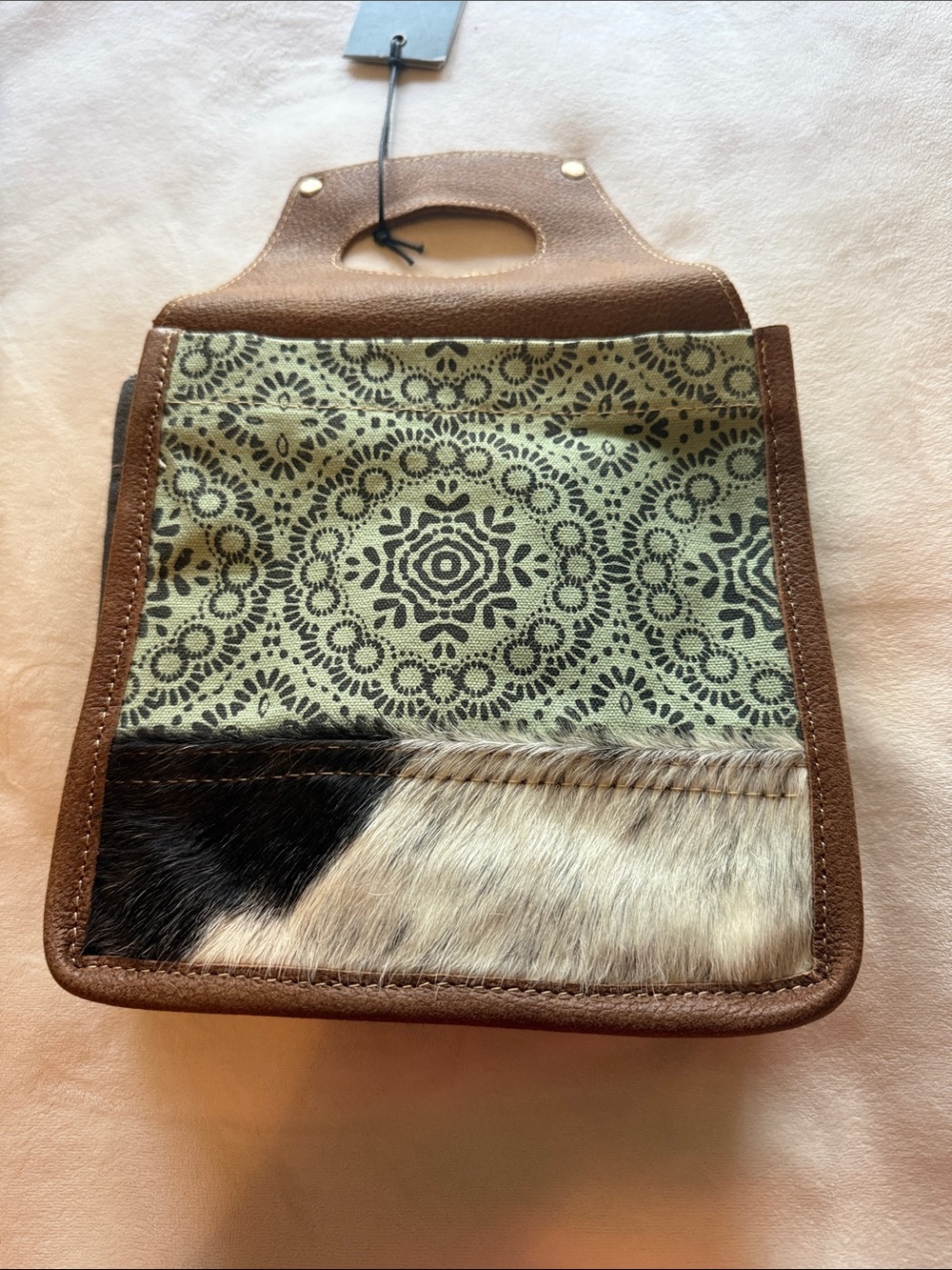 Patterned Canvas & Hair-On Leather Tote — Green and Brown. 6 pack beer caddy